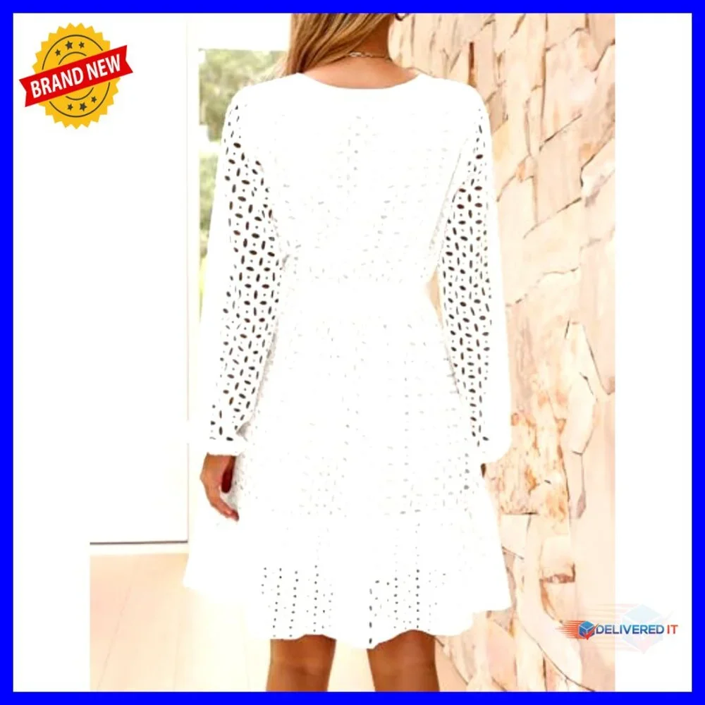 Long Sleeve Mini Dress V Neck Hollow Out Eyelet Embroidery Ruffle Swing Chic - Picture 4 of 7